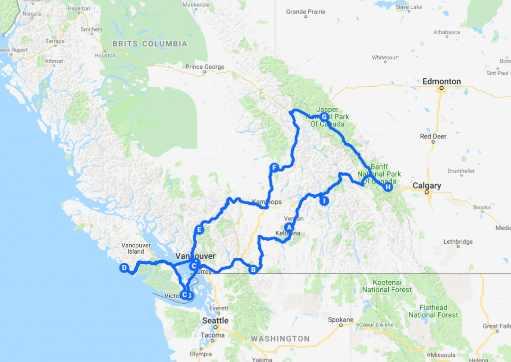 Route camperreis West-Canada 2018