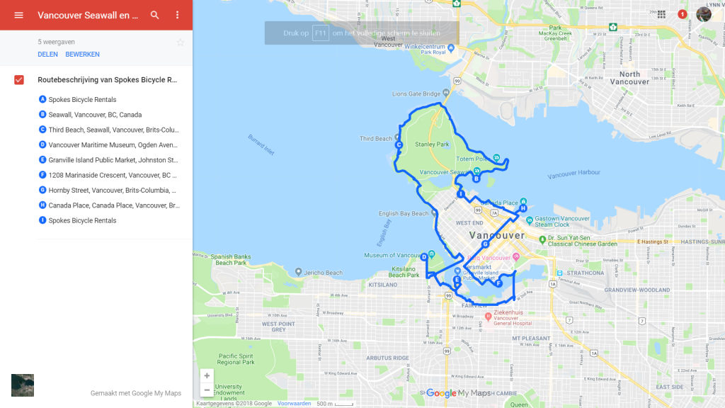 Map Vancouver Seawall en Seaside fietsroute