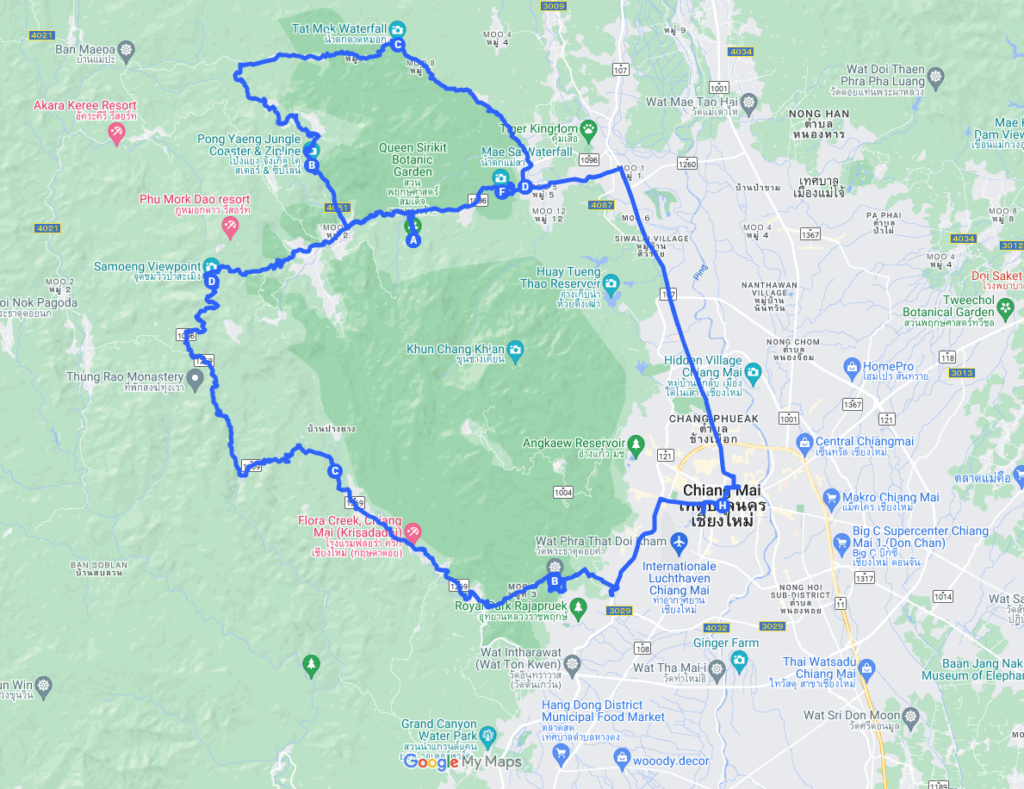 De route van de Samoeng loop op de kaart met de uitbreiding via Mae Raem